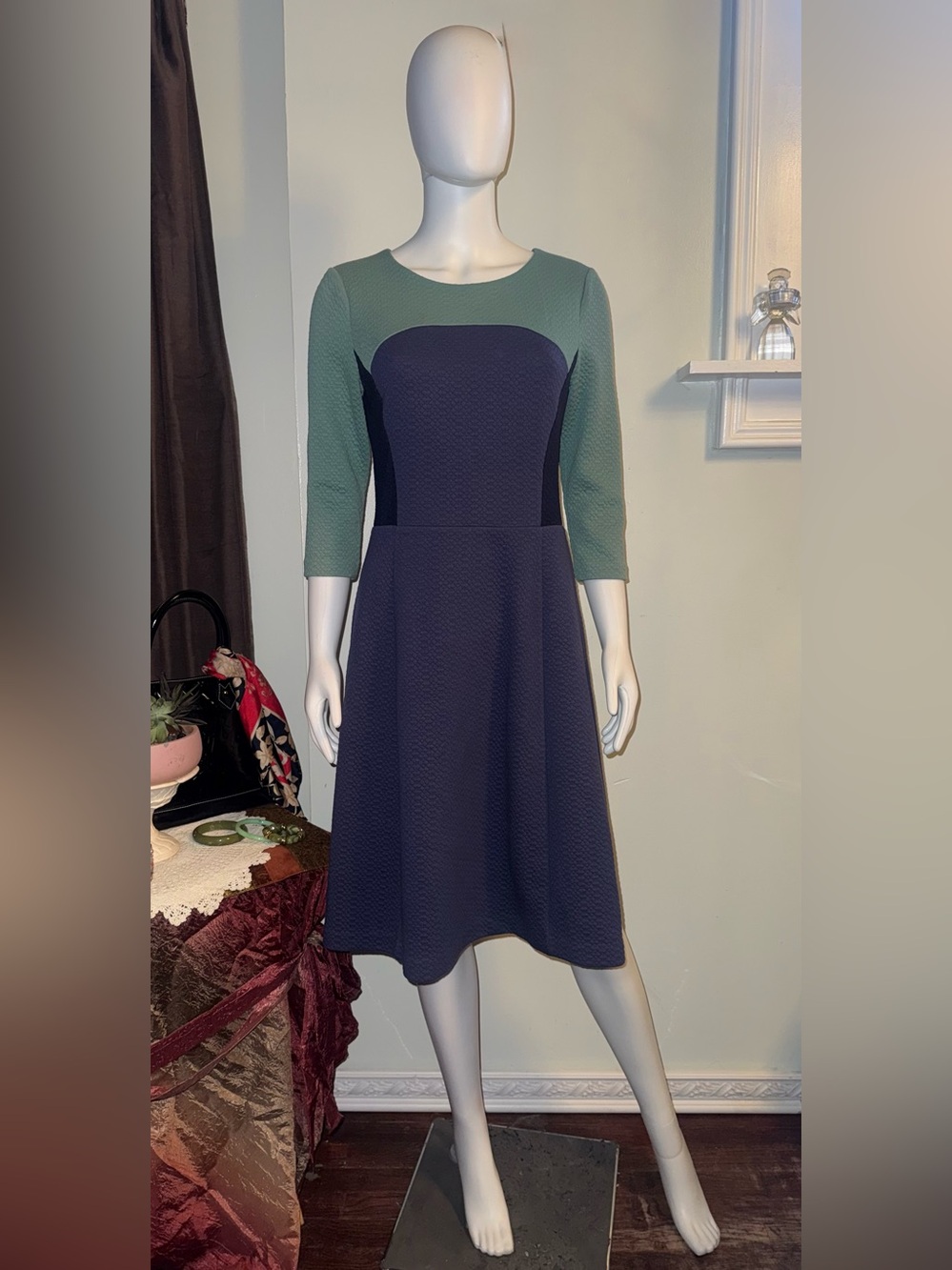 Boden Navy and Sage Two-Tone Fit-and-Flare Midi Dress